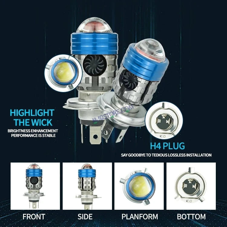 HJG H4 Lens Headlight Bulb with Cooling Fan New Model White Yellow LED Headlight Bulb H4 For All Motorcycles (Low and High Beam Bulbs (White/Yellow) White Yellow 40W Lens) LIU HJG H4 Lens Headlight with Cooling Fan - Type H4 - HJGstore.com