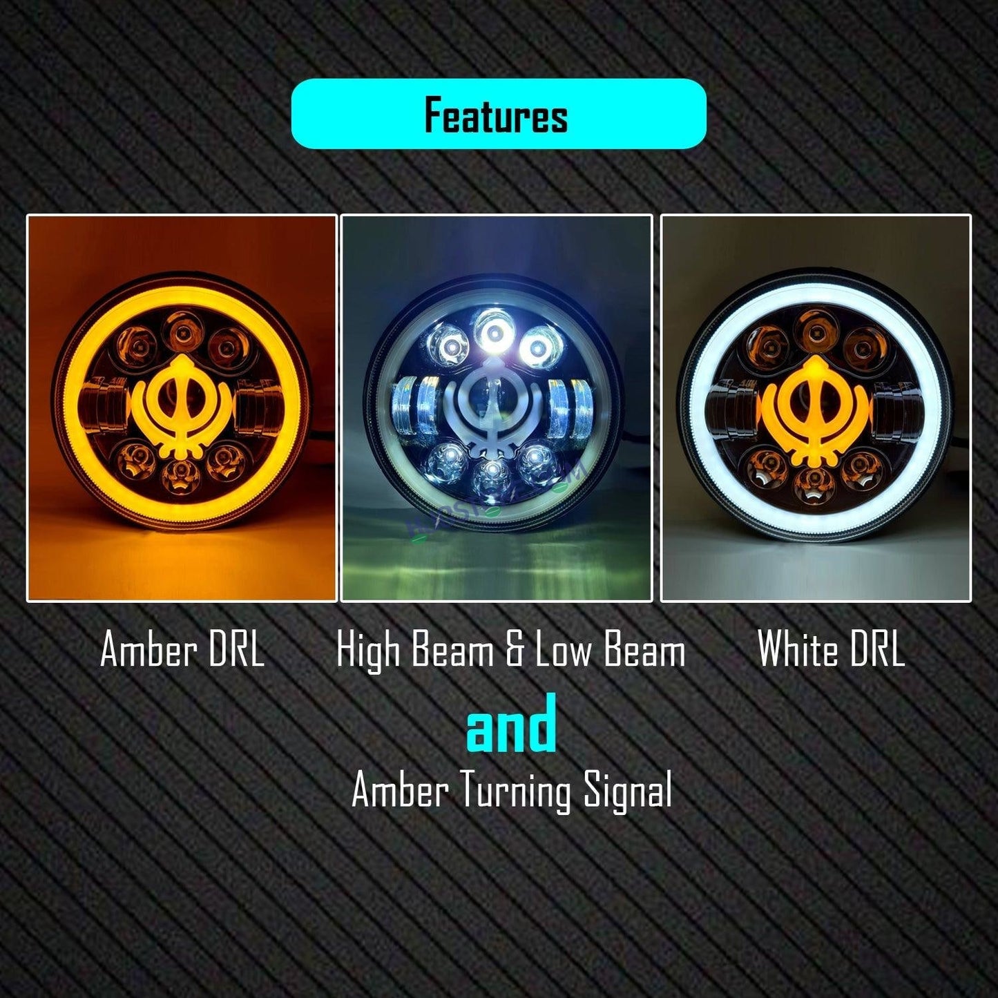 HJG 7 Inch Round Headlight Compatible with Royal Enfield, Jeep & Harley Davidson (Khanda DRL) (12V-80V 75W) - HJGstore.com