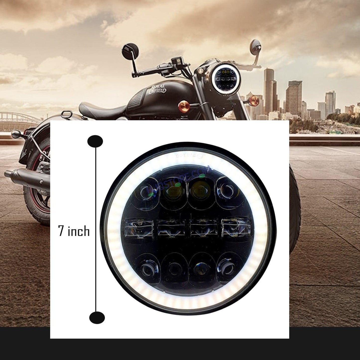 HJG 7 Inch Round Headlight Compatible with Royal Enfield, Jeep & Harley Davidson (12 LED WHITE) (12V-80V, 75W) - HJGstore.com