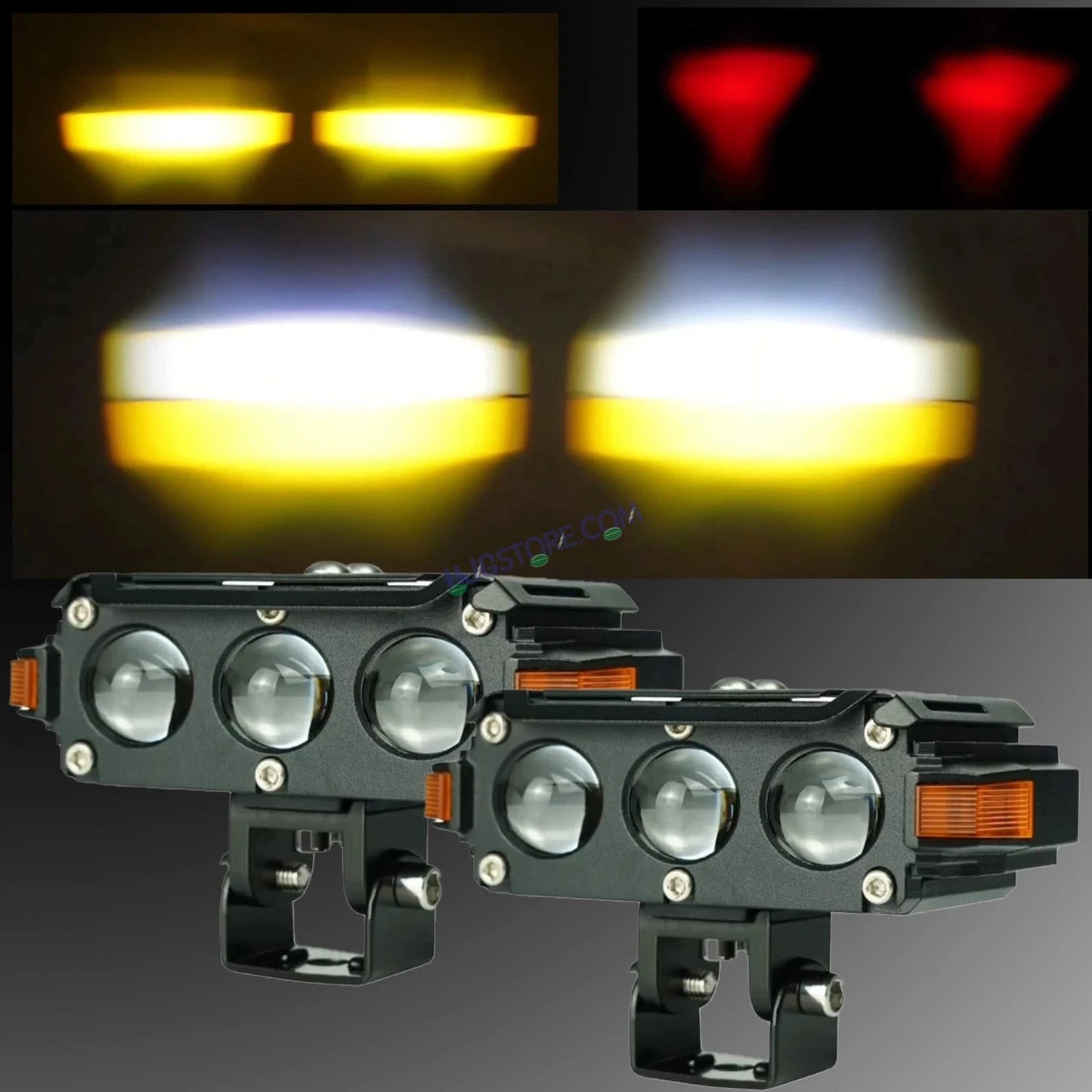 HJG Hazard 3 Lens Foglight with Wiring Kit Combo Triple 3 Lens 120W with Hazard DRL Foglight Ultra Wide Dual Intensity LED Fog Lights White/Yellow (2*60W = 120W Total) Universal For All Cars & Bikes LIU HJG Hazard S61 3 Lens Projector Fog with Wiring Kit - HJGstore.com