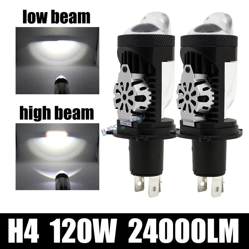 HJG RTD Lens H4 2pc for Car New Model RTD Lens Dual Projector Lens H4 LED Bulb 100W HJG Projector Light H4 LED Mini Projector Lens with Fan Bulb 12000LM Conversion Kit Hi/Lo Beam Headlight 12V/24V for Bike/Car/SUV, Set of 2, Red Devil DRL/White Hi/Lo 2pc - HJGstore.com