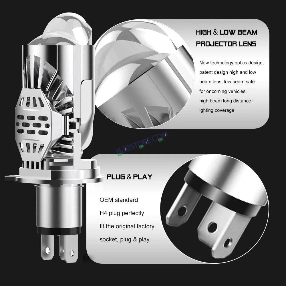HJG RTD Lens H4 2pc for Car New Model RTD Lens Dual Projector Lens H4 LED Bulb 100W HJG Projector Light H4 LED Mini Projector Lens with Fan Bulb 12000LM Conversion Kit Hi/Lo Beam Headlight 12V/24V for Bike/Car/SUV, Set of 2, Red Devil DRL/White Hi/Lo 2pc - HJGstore.com