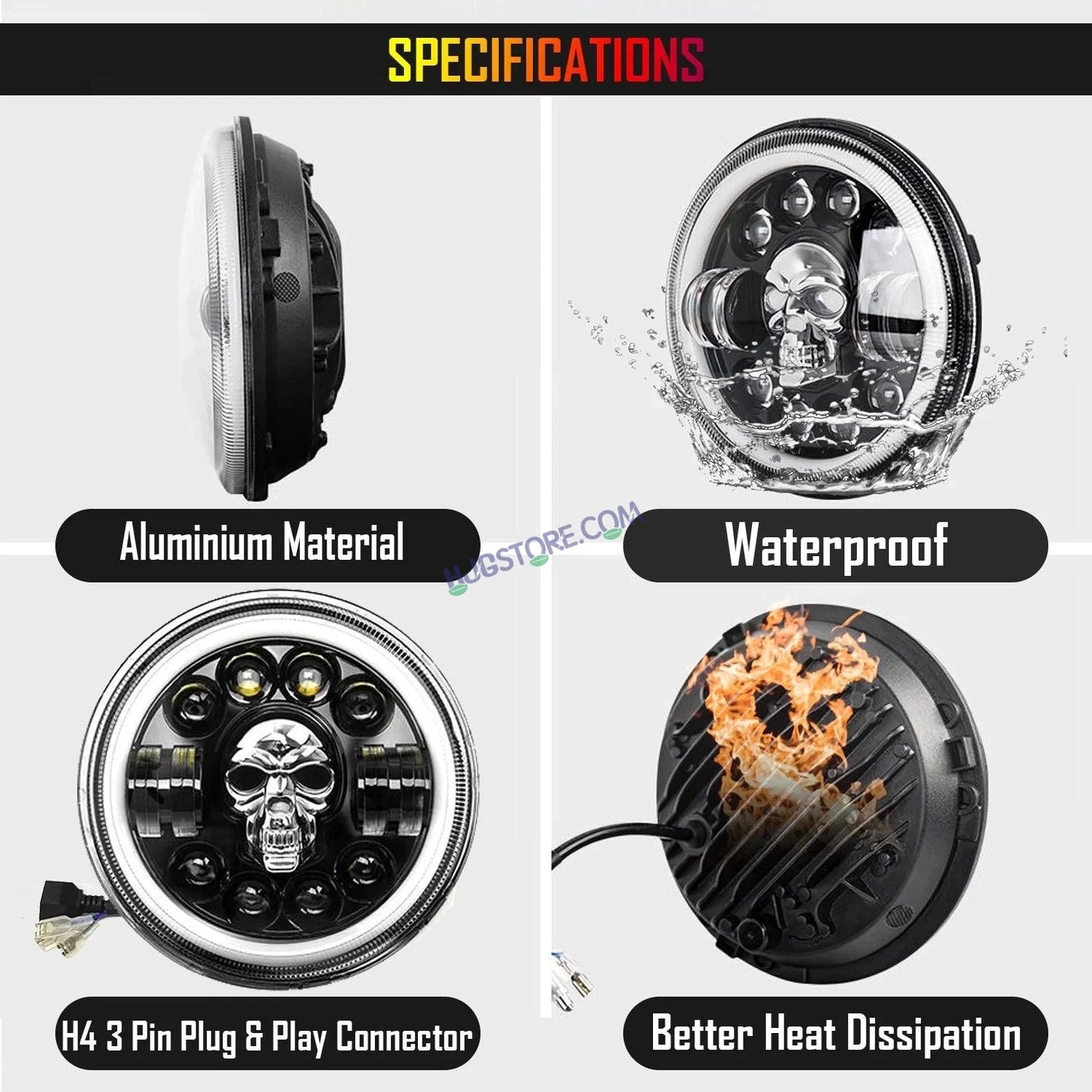 HJG 7 Inch Harley Skull Round Led Headlight Fits in Royal Enfield All Models, Mahindra Thar (12V-80V 75w) - HJGstore.com