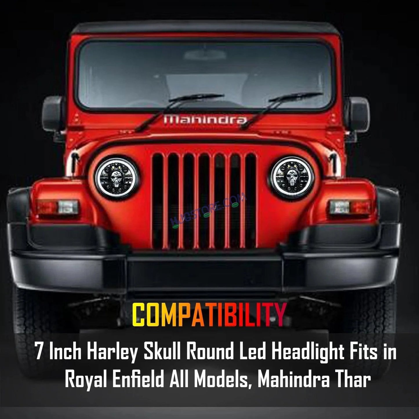 HJG 7 Inch Harley Skull Round Led Headlight Fits in Royal Enfield All Models, Mahindra Thar (12V-80V 75w) - HJGstore.com