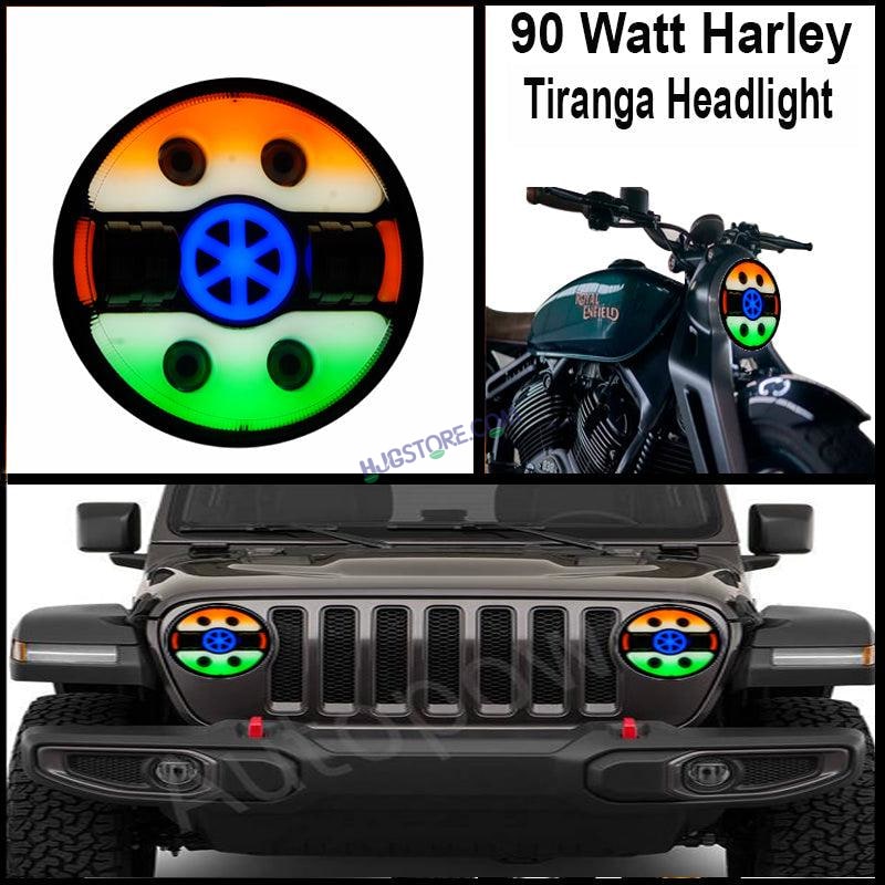 HJG 7 Inch Tri Colour Round LED Harley Headlight Fits in Royal Enfield, Thar (12V-80V 90W) (Tiranga) - HJGstore.com