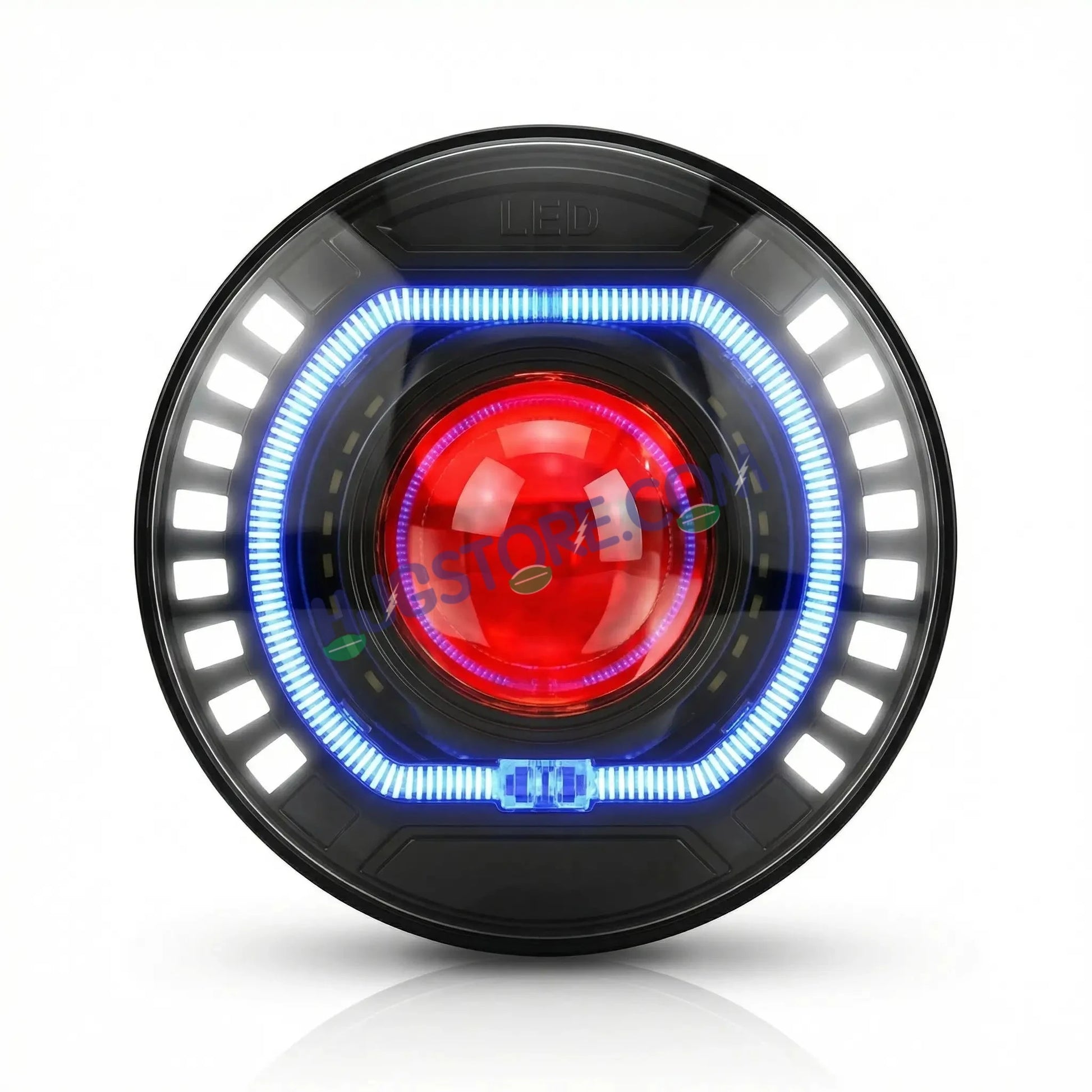 HJG C-227 Red Devil Blue Halo Ring 108W Projector Ultra Wide 7 Inch Headlight Assembly Red Blue Halo Ring C-227 White LED Headlight New Projector Headlight Assembly | 108W CREE/Osram LED Chip Multi DRL Compatible with Royal Enfield, Jeep, Thar, Gypsy - HJGstore.com