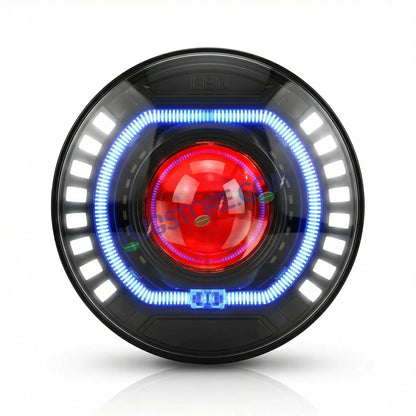 HJG C-227 Red Devil Blue Halo Ring 108W Projector Ultra Wide 7 Inch Headlight Assembly Red Blue Halo Ring C-227 White LED Headlight New Projector Headlight Assembly | 108W CREE/Osram LED Chip Multi DRL Compatible with Royal Enfield, Jeep, Thar, Gypsy - HJGstore.com