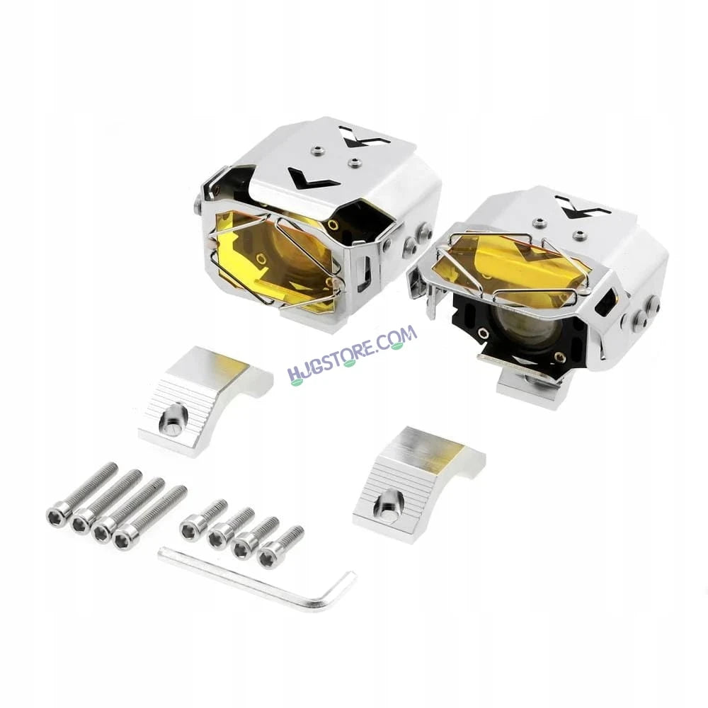 HJG Chrome Transformer Foglight 140W LED Projector with Wiring Kit Slider Yellow Cap Wide Spread White/Yellow 140W 2pc Foglight Ultra Wide Dual Intensity LED Driving Fog Lights 3000K/6500K Universal For All Cars & Bikes, Pack of 2 with Wiring Harness Kit - HJGstore.com