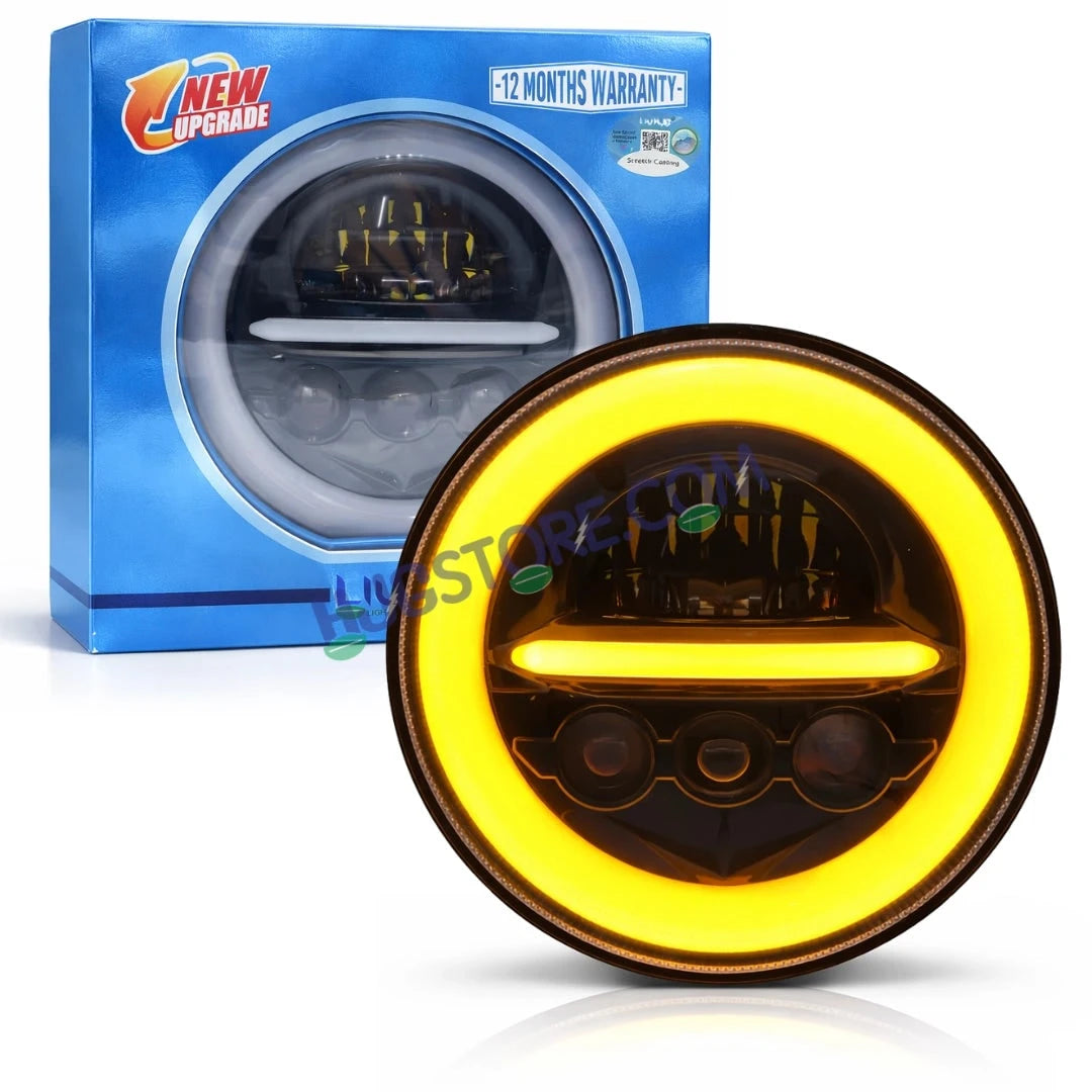 HJG Minus with 3 Projector Lens 7 Inch Headlight DRL 107W Projector Ultra Wide 7 Inch Headlight Assembly New Model Projector Headlight Assembly for Royal Enfield Thar | 107W CREE/Osram LED Chip White/Yellow Compatible with Royal Enfield, Jeep, Thar, Gypsy - HJGstore.com