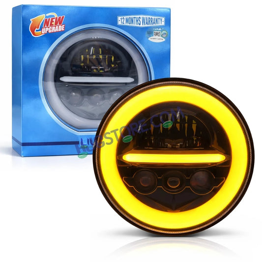 HJG Minus with 3 Projector Lens 7 Inch Headlight DRL 107W Projector Ultra Wide 7 Inch Headlight Assembly New Model Projector Headlight Assembly for Royal Enfield Thar | 107W CREE/Osram LED Chip White/Yellow Compatible with Royal Enfield, Jeep, Thar, Gypsy - HJGstore.com