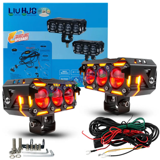 HJG New 240W Future Eyes Ring DRL 3 LED Projector Foglight with Wiring Harness Kit Red DRL/Amber Ring/White/Yellow Light 240W Foglight Ultra Wide Dual Intensity LED Driving Fog Lights Universal For All Cars & Bikes LIU HJG Ring 3 Lens Fog with Wiring Kit - HJGstore.com