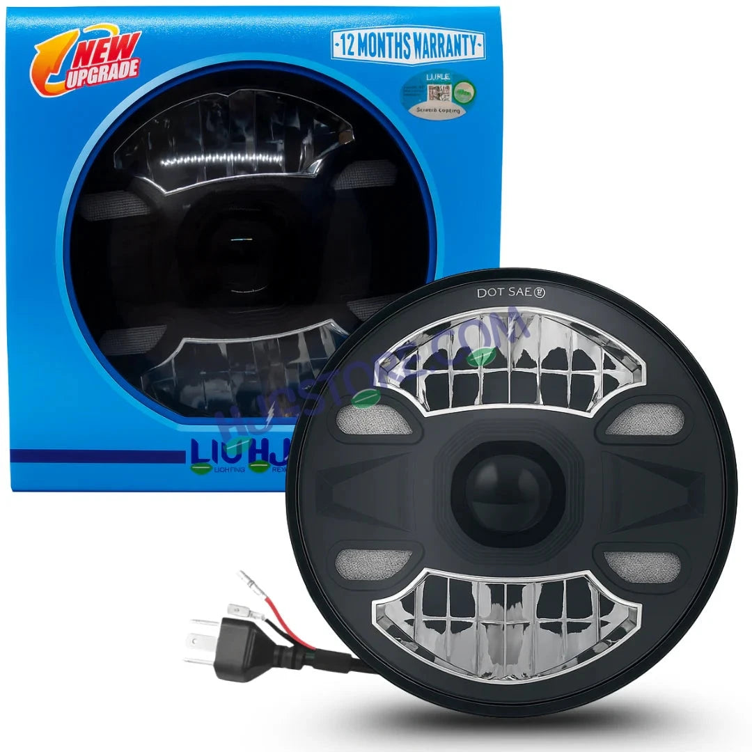 HJG New 4 Dot DRL 100W Projector Ultra Wide 7 Inch Headlight Assembly C-188 White LED Headlight New Model Projector Headlight Assembly for Royal Enfield | 100W CREE/Osram LED Chip Multi color White/Yellow Compatible with Royal Enfield, Jeep, Thar, Gypsy - HJGstore.com