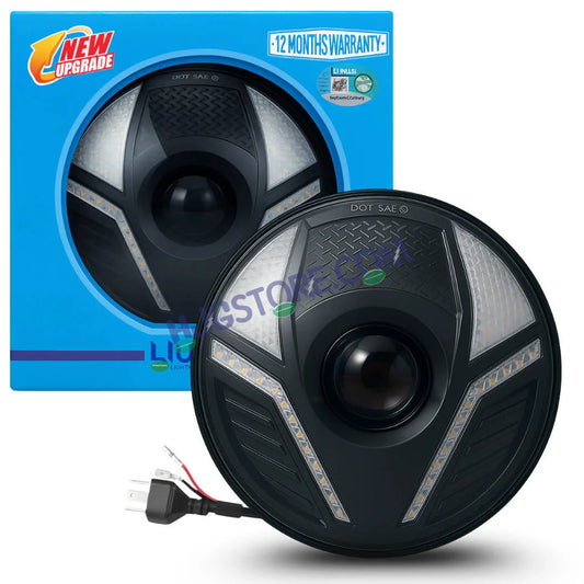 HJG Alien 7 Inch Headlight DRL 92W Projector Ultra Wide 7 Inch Headlight Assembly C-286 White LED Headlight New Model Projector Headlight Assembly for Royal Enfield | 92W CREE/Osram LED Chip White/Yellow Compatible with Royal Enfield, Jeep, Thar, Gypsy - HJGstore.com