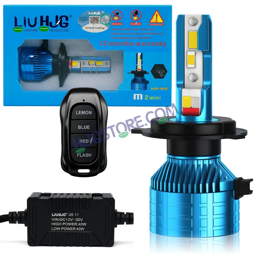 HJG M2 Mini Remote Control RGB 80W White/Yellow/Red/Blue/Flash H4 Dual Beam LED Bulb AC/DC Headlight LED Bulb Remote Control Hi/Lo 80W H4 LED for Bike Car Light H4 LED with Fan 12V/24V for Bike/Car, Set of 1, 8000 LM 80W, White/Yellow Hi/Lo RGB Remote - HJGstore.com