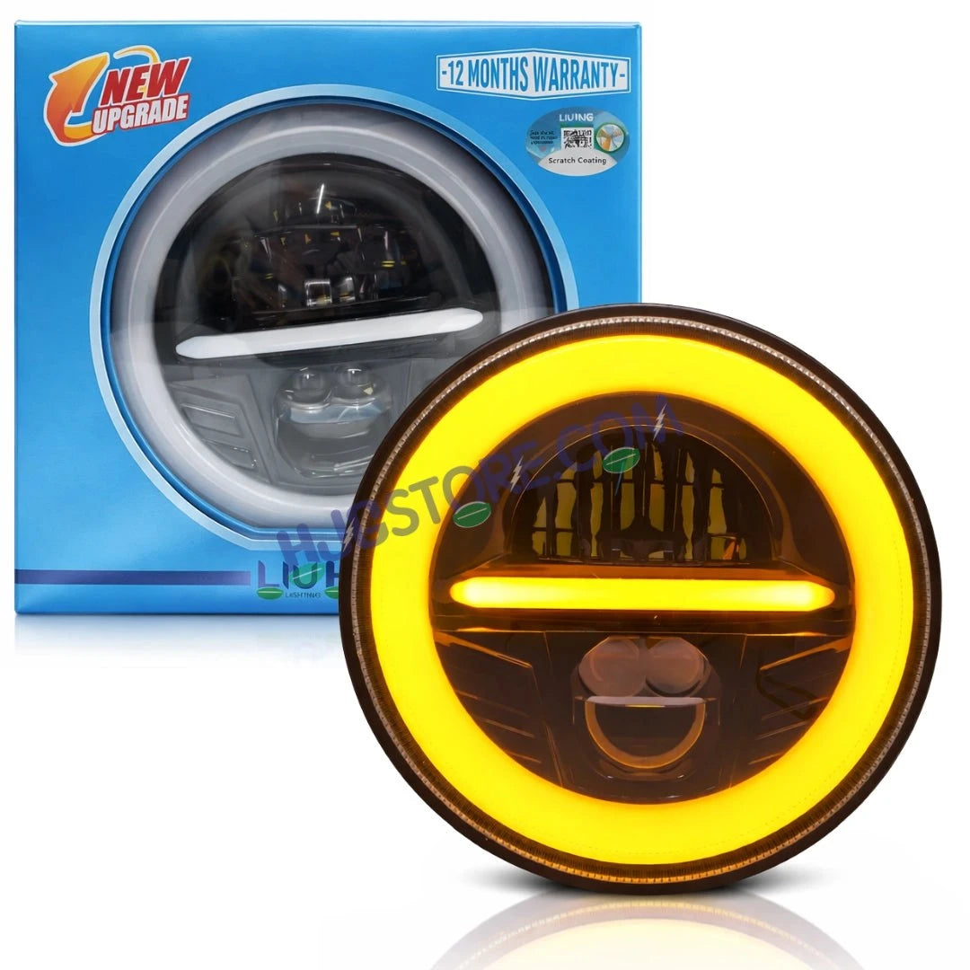 HJG Minus Tri Projector Lens 7 Inch Headlight DRL 107W Projector Ultra Wide 7 Inch Headlight Assembly New Model Projector Headlight Assembly for Royal Enfield Thar | 107W CREE/Osram LED Chip White/Yellow Compatible with Royal Enfield, Jeep, Thar, Gypsy - HJGstore.com