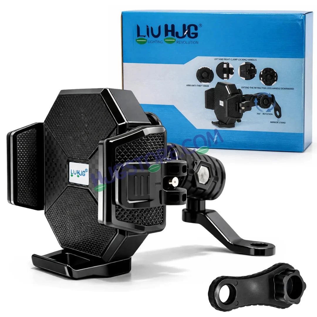 HJG Hexagon R6 Mobile Holder with Mirror Mount for Bike and Scooter, Two Wheelers Universal HJG Hexagon R6 Mirror Mount Mobile Holder Anti-Theft Mobile Holder 360 Degree Rotation Adjustable Size and Locking System LIU HJG Hexagon R6 Mirror Mount Holder - HJGstore.com