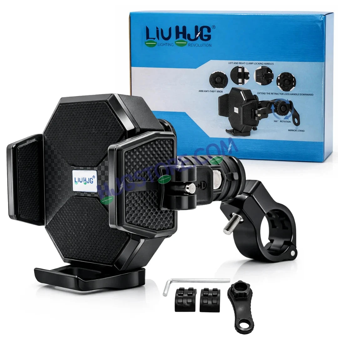 HJG Hexagon R6 Mobile Holder with Handlebar Mount for Bike, Two Wheelers Universal HJG Hexagon R6 Handlebar Mount Mobile Holder Anti-Theft Mobile Holder 360 Degree Rotation Adjustable Size and Locking System LIU HJG Hexagon R6 Bike Handlebar Mount Holder - HJGstore.com