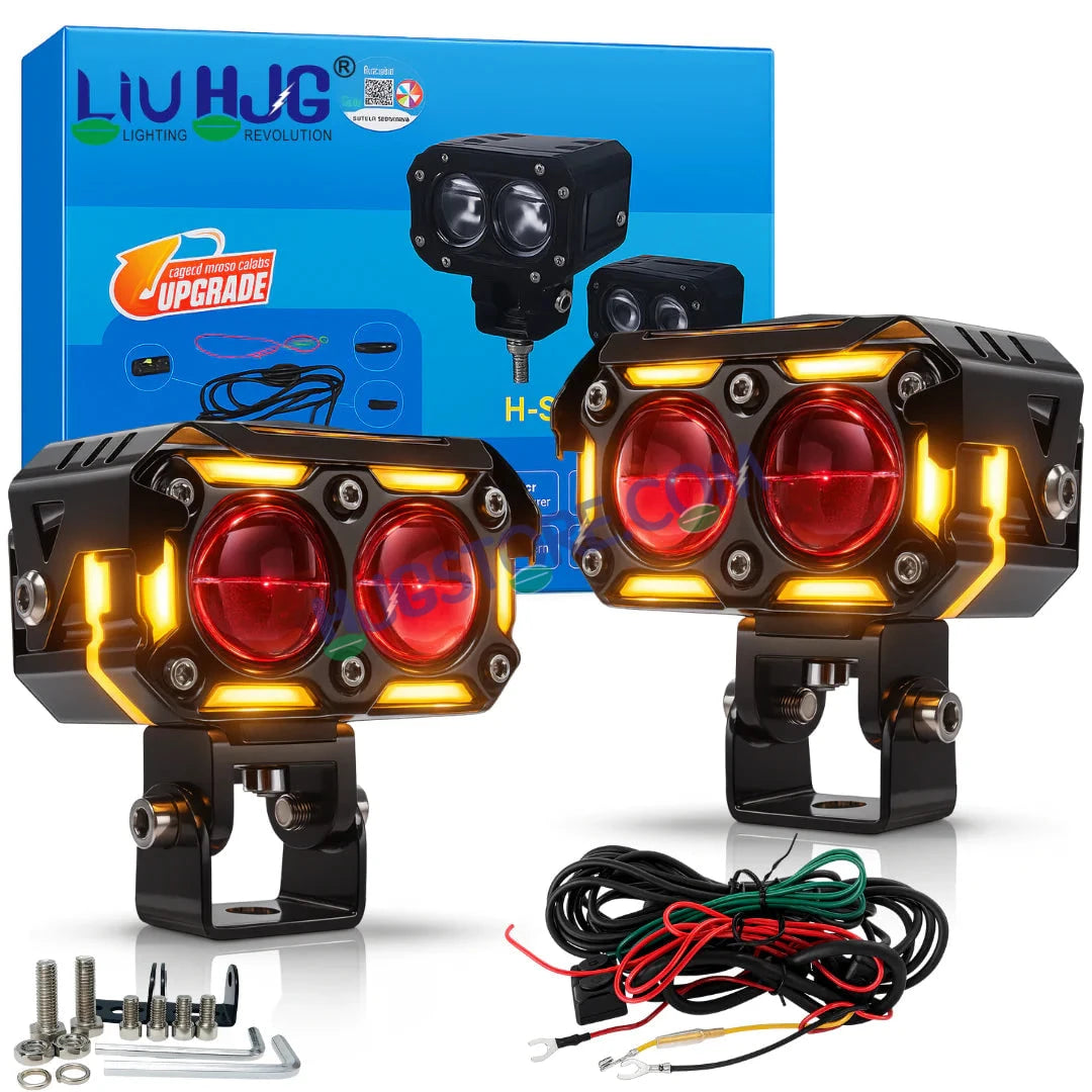 HJG New Future Eyes Ring DRL 2 LED Projector Foglight 120W with Wiring Harness Kit Red DRL/Amber Ring/White/Yellow Light 120W Foglight Ultra Wide Dual Intensity LED Driving Fog Lights Universal For All Cars & Bikes LIU HJG Ring 2 Lens Fog with Wiring Kit - HJGstore.com