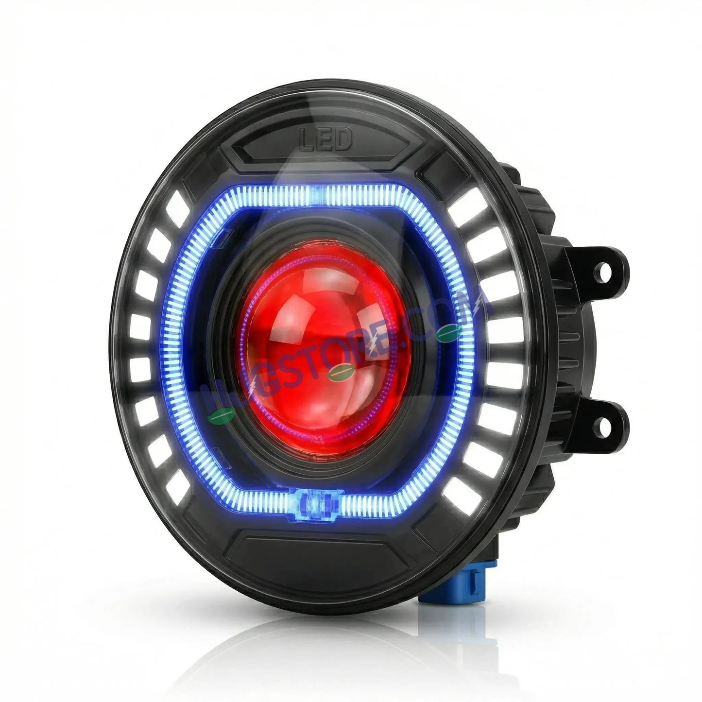 HJG C-227 Red Devil Blue Halo Ring 108W Projector Ultra Wide 7 Inch Headlight Assembly Red Blue Halo Ring C-227 White LED Headlight New Projector Headlight Assembly | 108W CREE/Osram LED Chip Multi DRL Compatible with Royal Enfield, Jeep, Thar, Gypsy - HJGstore.com