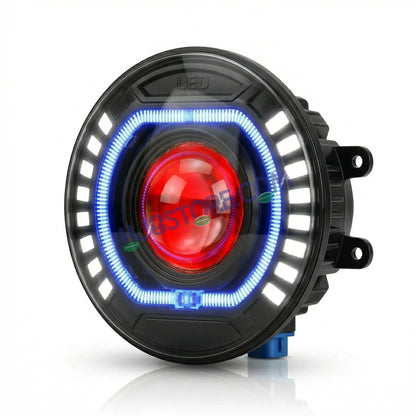 HJG C-227 Red Devil Blue Halo Ring 108W Projector Ultra Wide 7 Inch Headlight Assembly Red Blue Halo Ring C-227 White LED Headlight New Projector Headlight Assembly | 108W CREE/Osram LED Chip Multi DRL Compatible with Royal Enfield, Jeep, Thar, Gypsy - HJGstore.com