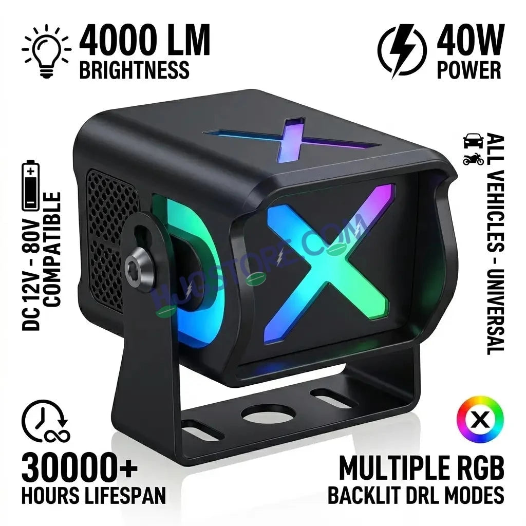 HJG X Drive Mini RGB Foglights with RGB Backlit DRL 40W Fog Light 4000LM Dual Color (3000K Yellow/6000K White) Projector Driving Lamp | Dynamic RGB Backlit DRL (8 Modes) | Wide Beam Auxiliary Light with Inline Ballast for Bike & SUV LIU HJG X Drive - HJGstore.com