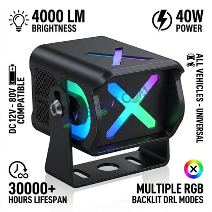 HJG X Drive Mini RGB Foglights with RGB Backlit DRL 40W Fog Light 4000LM Dual Color (3000K Yellow/6000K White) Projector Driving Lamp | Dynamic RGB Backlit DRL (8 Modes) | Wide Beam Auxiliary Light with Inline Ballast for Bike & SUV LIU HJG X Drive - HJGstore.com