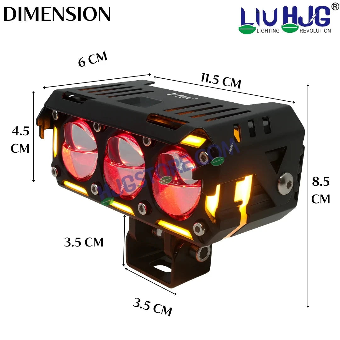HJG New Future Eyes Ring DRL 3 LED Projector Foglight 240W with Wiring Harness Kit Red DRL/Amber Ring/White/Yellow Light 240W Foglight Ultra Wide Dual Intensity LED Driving Fog Lights Universal For All Cars & Bikes LIU HJG Ring 3 Lens Fog with Wiring Kit - HJGstore.com