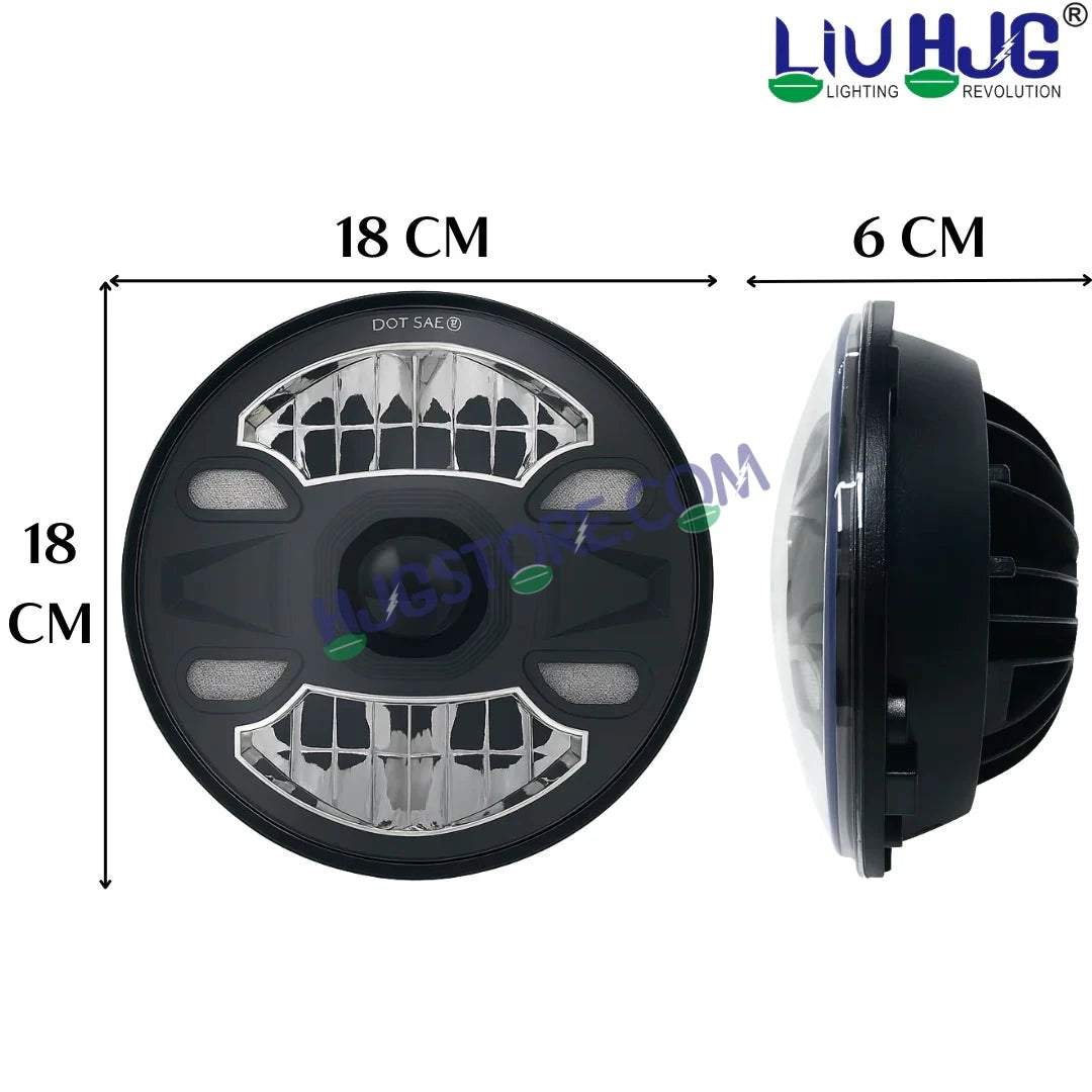 HJG New 4 Dot DRL 100W Projector Ultra Wide 7 Inch Headlight Assembly C-188 White LED Headlight New Model Projector Headlight Assembly for Royal Enfield | 100W CREE/Osram LED Chip Multi color White/Yellow Compatible with Royal Enfield, Jeep, Thar, Gypsy - HJGstore.com