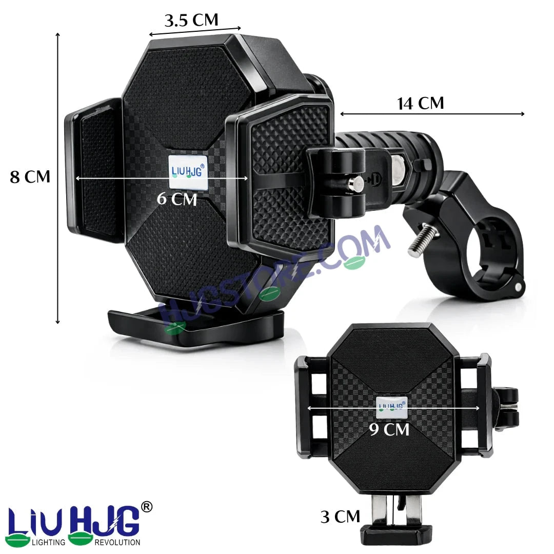 HJG Hexagon R6 Mobile Holder with Handlebar Mount for Bike, Two Wheelers Universal HJG Hexagon R6 Handlebar Mount Mobile Holder Anti-Theft Mobile Holder 360 Degree Rotation Adjustable Size and Locking System LIU HJG Hexagon R6 Bike Handlebar Mount Holder - HJGstore.com