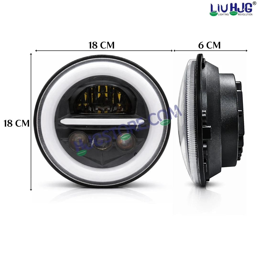 HJG Minus with 3 Projector Lens 7 Inch Headlight DRL 107W Projector Ultra Wide 7 Inch Headlight Assembly New Model Projector Headlight Assembly for Royal Enfield Thar | 107W CREE/Osram LED Chip White/Yellow Compatible with Royal Enfield, Jeep, Thar, Gypsy - HJGstore.com