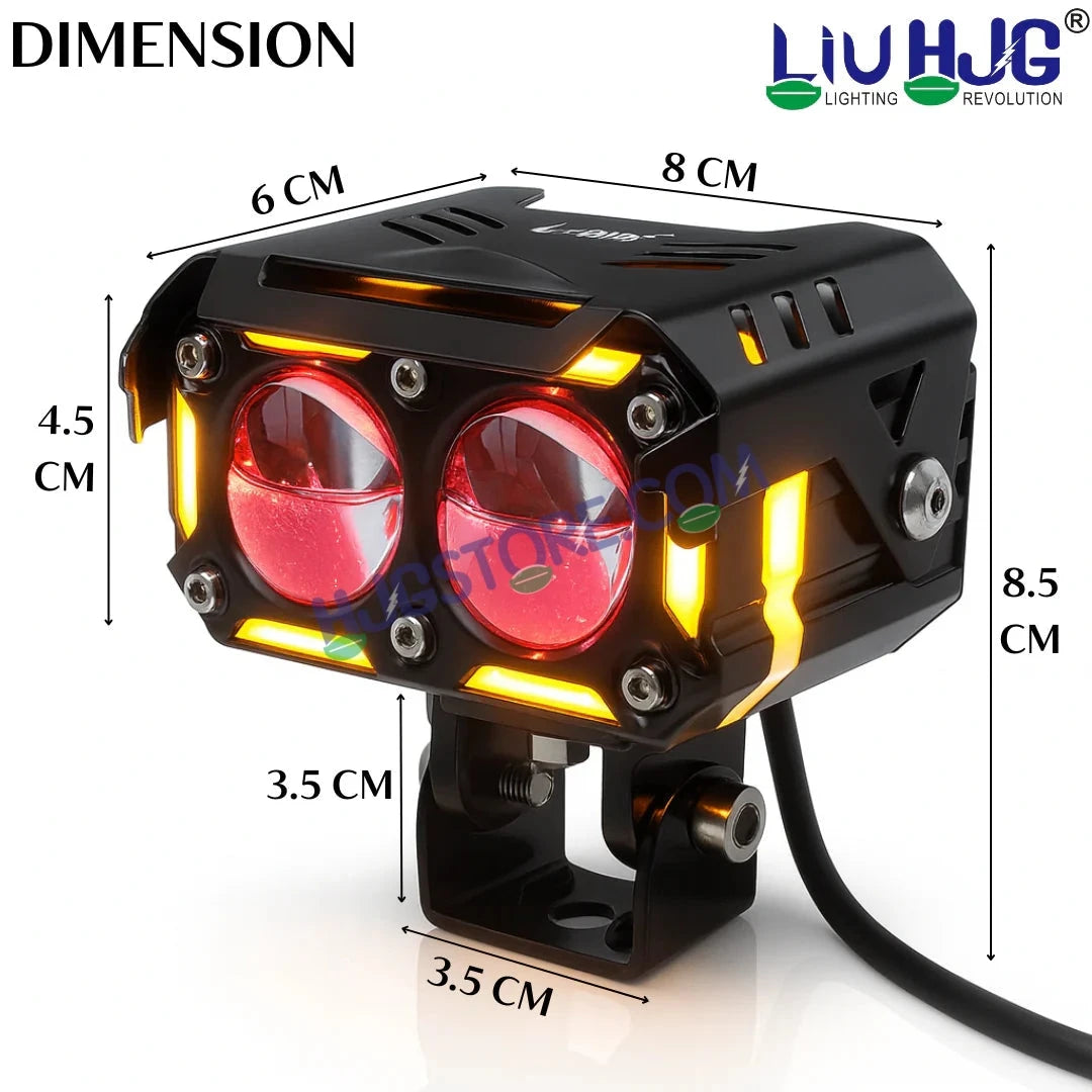 HJG New Future Eyes Ring DRL 2 LED Projector Foglight 120W with Wiring Harness Kit Red DRL/Amber Ring/White/Yellow Light 120W Foglight Ultra Wide Dual Intensity LED Driving Fog Lights Universal For All Cars & Bikes LIU HJG Ring 2 Lens Fog with Wiring Kit - HJGstore.com