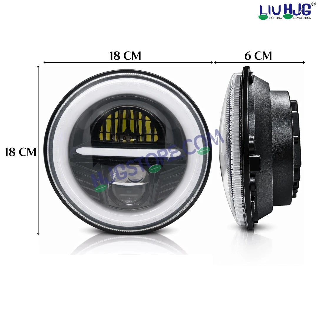 HJG Minus Tri Projector Lens 7 Inch Headlight DRL 107W Projector Ultra Wide 7 Inch Headlight Assembly New Model Projector Headlight Assembly for Royal Enfield Thar | 107W CREE/Osram LED Chip White/Yellow Compatible with Royal Enfield, Jeep, Thar, Gypsy - HJGstore.com