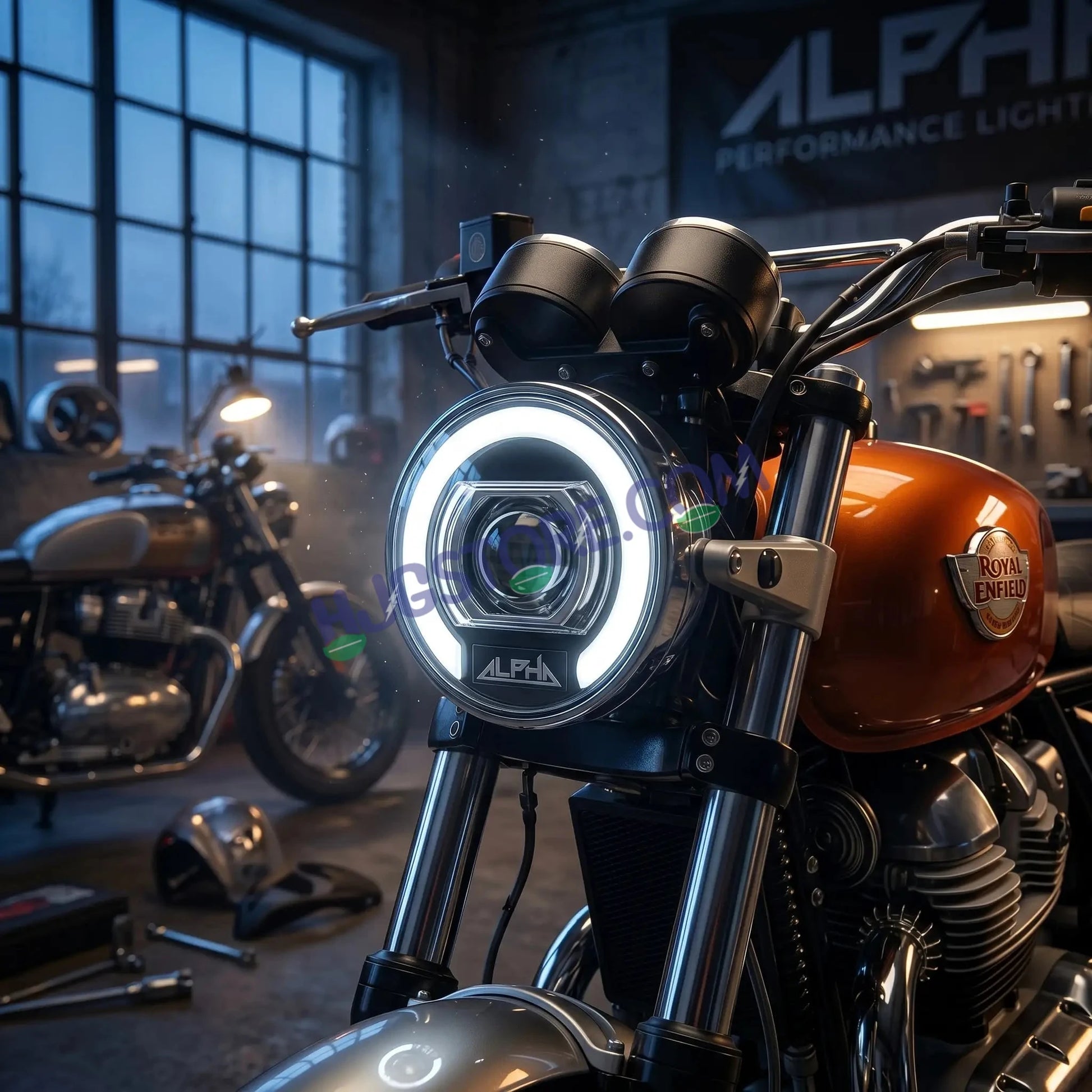 HJG C-325 Alpha 7 Inch Headlight Assembly 128W Projector Ultra Wide Halo Ring C-325 White LED Headlight New Projector Headlight Assembly | 128W CREE/Osram LED Chip Multi DRL Compatible with Royal Enfield, Jeep, Thar, Gypsy - HJGstore.com
