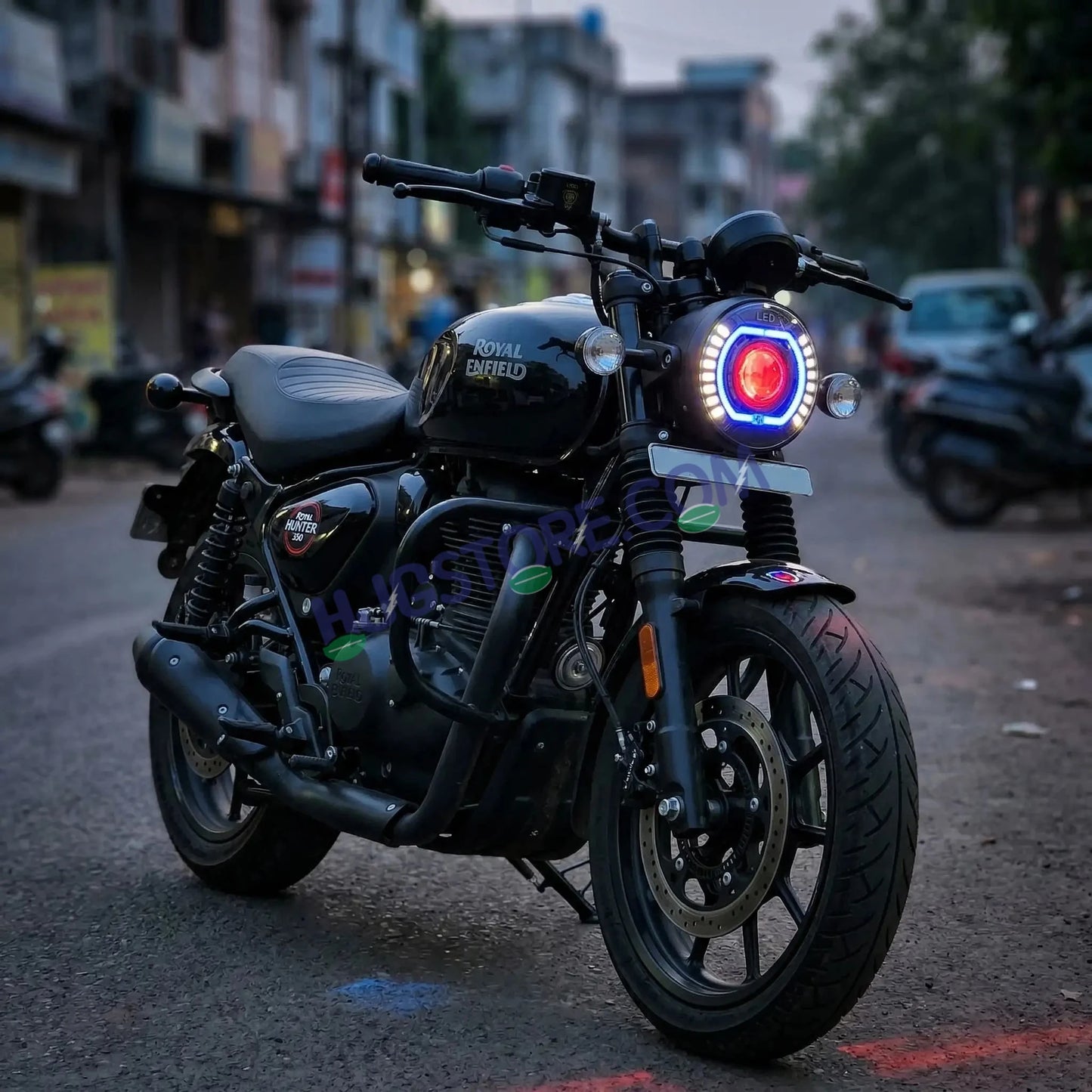 HJG C-227 Red Devil Blue Halo Ring 108W Projector Ultra Wide 7 Inch Headlight Assembly Red Blue Halo Ring C-227 White LED Headlight New Projector Headlight Assembly | 108W CREE/Osram LED Chip Multi DRL Compatible with Royal Enfield, Jeep, Thar, Gypsy - HJGstore.com