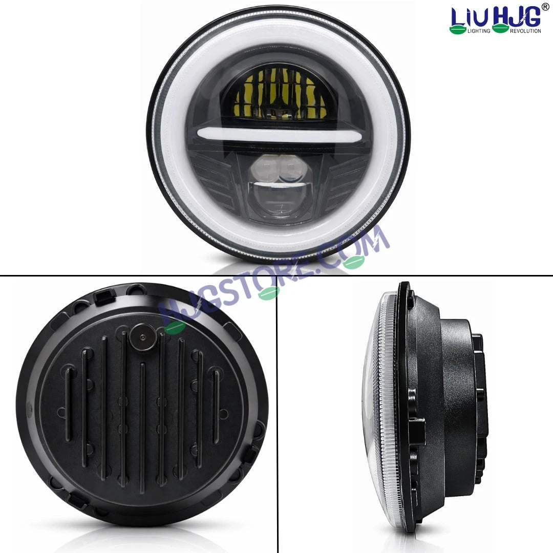 HJG Minus Tri Projector Lens 7 Inch Headlight DRL 107W Projector Ultra Wide 7 Inch Headlight Assembly New Model Projector Headlight Assembly for Royal Enfield Thar | 107W CREE/Osram LED Chip White/Yellow Compatible with Royal Enfield, Jeep, Thar, Gypsy - HJGstore.com