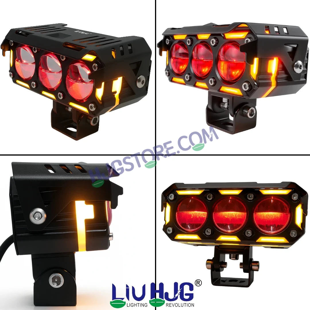 HJG New Future Eyes Ring DRL 3 LED Projector Foglight 240W with Wiring Harness Kit Red DRL/Amber Ring/White/Yellow Light 240W Foglight Ultra Wide Dual Intensity LED Driving Fog Lights Universal For All Cars & Bikes LIU HJG Ring 3 Lens Fog with Wiring Kit - HJGstore.com