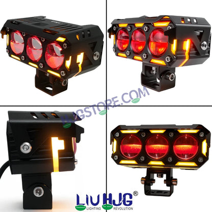 HJG New Future Eyes Ring DRL 3 LED Projector Foglight 240W with Wiring Harness Kit Red DRL/Amber Ring/White/Yellow Light 240W Foglight Ultra Wide Dual Intensity LED Driving Fog Lights Universal For All Cars & Bikes LIU HJG Ring 3 Lens Fog with Wiring Kit - HJGstore.com