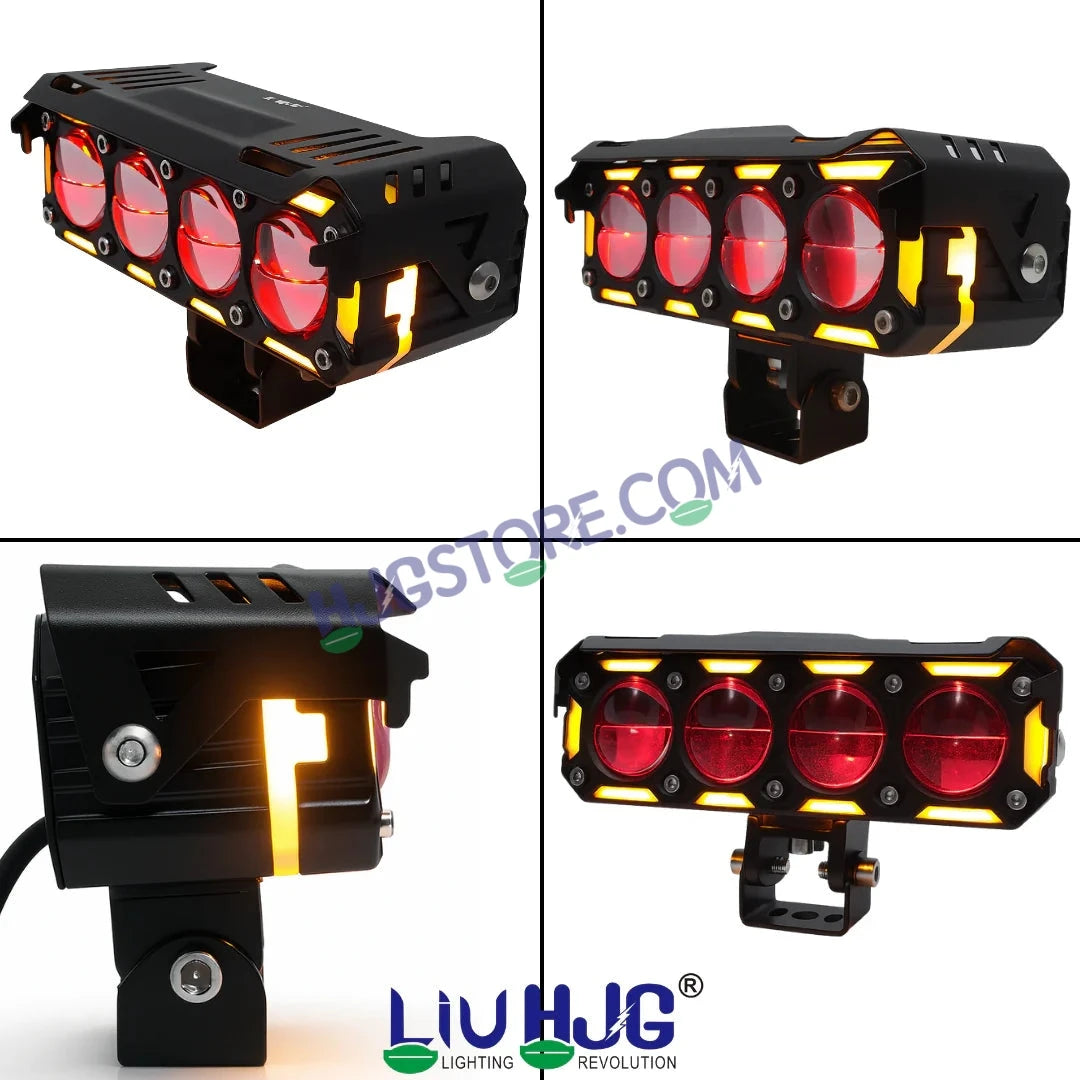 HJG New 300W Future Eyes Ring DRL 4 LED Projector Foglight with Wiring Harness Kit Red DRL/Amber Ring/White/Yellow Light 300W Foglight Ultra Wide Dual Intensity LED Driving Fog Lights Universal For All Cars & Bikes LIU HJG Ring 4 Lens Fog with Wiring Kit - HJGstore.com