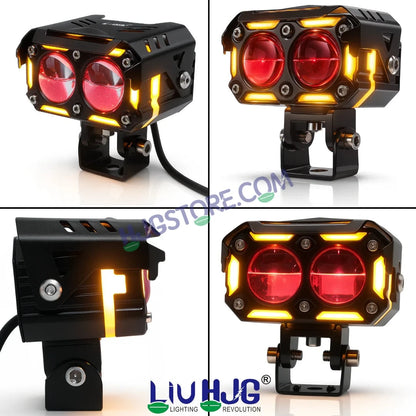 HJG New Future Eyes Ring DRL 2 LED Projector Foglight 120W with Wiring Harness Kit Red DRL/Amber Ring/White/Yellow Light 120W Foglight Ultra Wide Dual Intensity LED Driving Fog Lights Universal For All Cars & Bikes LIU HJG Ring 2 Lens Fog with Wiring Kit - HJGstore.com