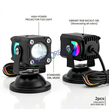 HJG X Drive Mini RGB Foglights with RGB Backlit DRL 40W Fog Light 4000LM Dual Color (3000K Yellow/6000K White) Projector Driving Lamp | Dynamic RGB Backlit DRL (8 Modes) | Wide Beam Auxiliary Light with Inline Ballast for Bike & SUV LIU HJG X Drive - HJGstore.com