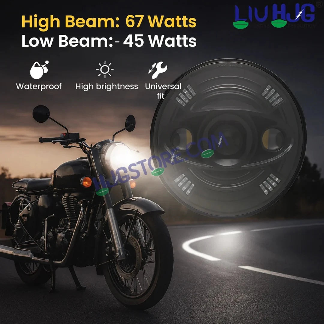 HJG New 100W Tri Projector 7 Inch Headlight Assembly C-194 100W White LED Headlight New Model 3 Projector Lens Headlight Assembly for Royal Enfield | 80-100W CREE/Osram LED Chip Multi color White/Yellow Compatible with Royal Enfield, Jeep, Thar, Gypsy - HJGstore.com