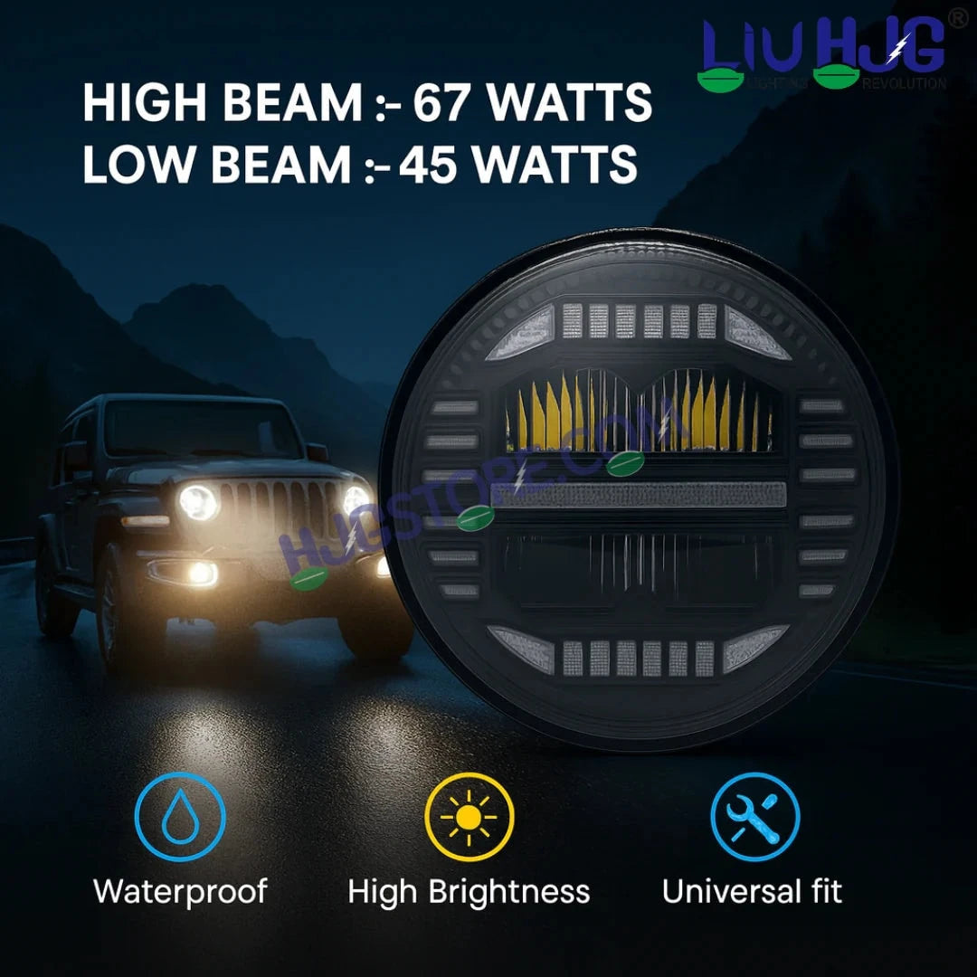 HJG 7 Inch New Minus White LED Headlight New Model Minus Headlight Assembly for Thar Royal Enfield | 75-120W CREE/Osram LED Chip Multi color Compatible with Royal Enfield, Jeep, Thar, Gypsy - HJGstore.com