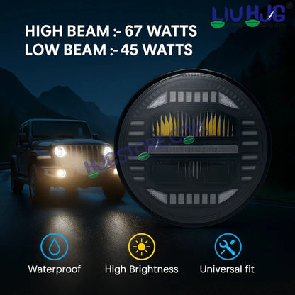 HJG 7 Inch New Minus White LED Headlight New Model Minus Headlight Assembly for Thar Royal Enfield | 75-120W CREE/Osram LED Chip Multi color Compatible with Royal Enfield, Jeep, Thar, Gypsy - HJGstore.com