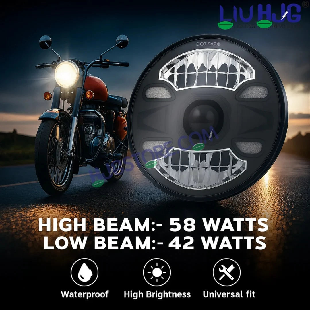 HJG New 4 Dot DRL 100W Projector Ultra Wide 7 Inch Headlight Assembly C-188 White LED Headlight New Model Projector Headlight Assembly for Royal Enfield | 100W CREE/Osram LED Chip Multi color White/Yellow Compatible with Royal Enfield, Jeep, Thar, Gypsy - HJGstore.com