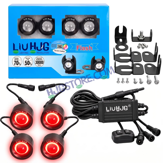 HJG 4 Pcs Motorcycle LED Strobe Light Kit with Remote Control, Wiring Harness, Relay Module & Switch - Red-Color Flashing Auxiliary Projector Lights - Universal Fit for Bikes, Cars, SUVs, Cruisers & Custom Builds - HJGstore.com