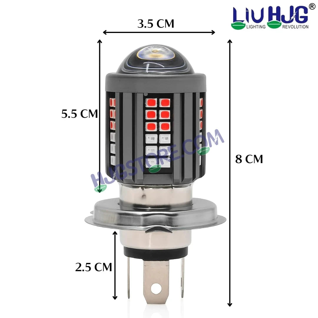 HJG H4 Lens 60 LED Red Blue Devil Lens New Model Red Blue White Yellow LED Headlight Bulb H4 For All Motorcycles (Low and High Beam Bulbs (White/Yellow/Red) Red DRL White Yellow 60W Lens) - 12V DC Hi/Lo Type H4 - HJGstore.com