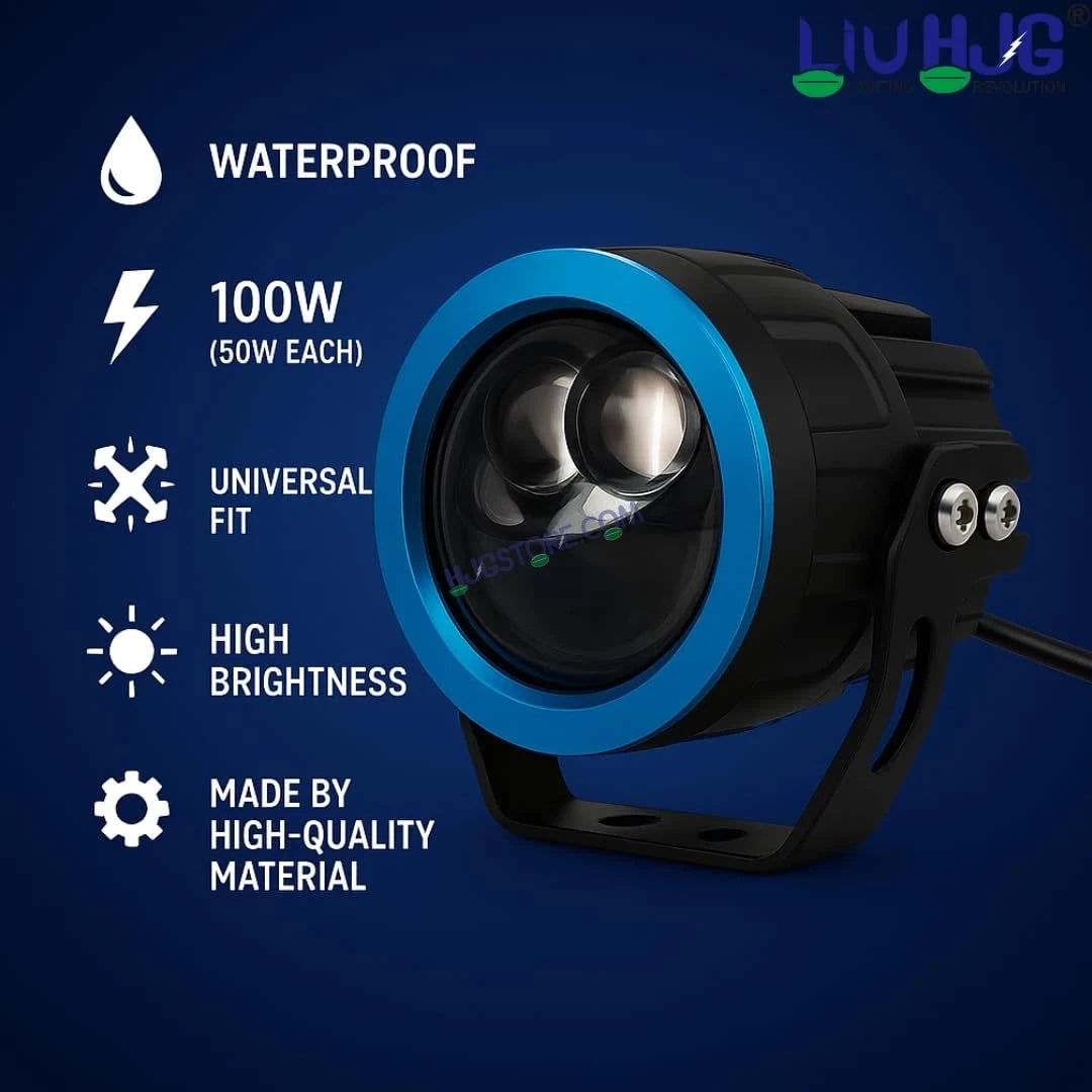 HJG Terminator 2 Projector Foglight 100W with Laser Spot and Wide Spread Red DRL/White/Yellow/Warm White Light 100W Foglight Ultra Wide Dual Intensity LED Driving Fog Lights 3000K/4300K/6500K Universal For All Cars & Bikes LIU HJG Terminator 2 Bi Foglight - HJGstore.com