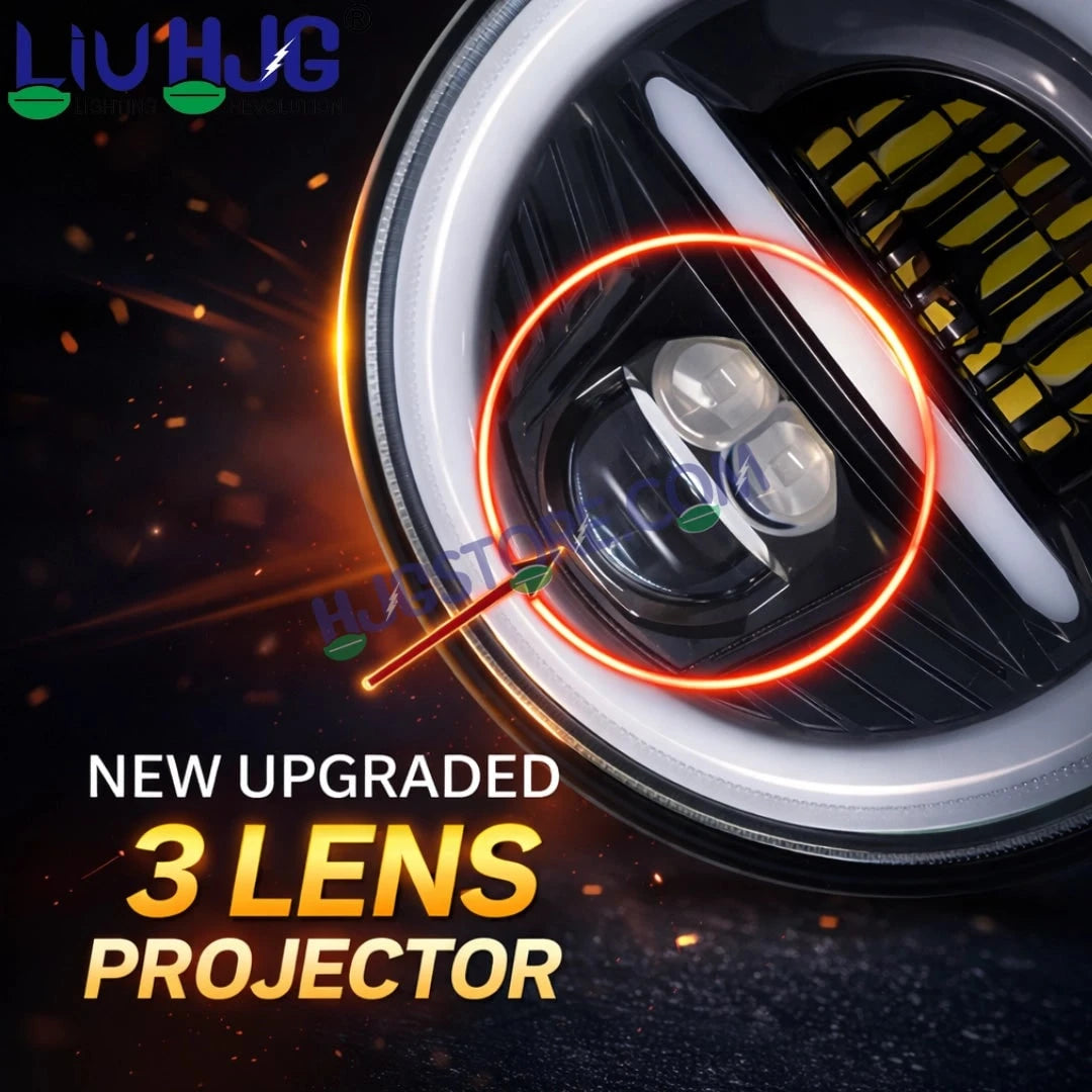 HJG Minus Tri Projector Lens 7 Inch Headlight DRL 107W Projector Ultra Wide 7 Inch Headlight Assembly New Model Projector Headlight Assembly for Royal Enfield Thar | 107W CREE/Osram LED Chip White/Yellow Compatible with Royal Enfield, Jeep, Thar, Gypsy - HJGstore.com