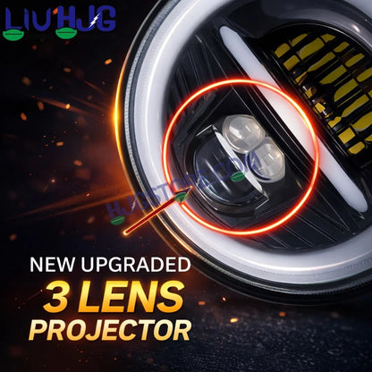 HJG Minus Tri Projector Lens 7 Inch Headlight DRL 107W Projector Ultra Wide 7 Inch Headlight Assembly New Model Projector Headlight Assembly for Royal Enfield Thar | 107W CREE/Osram LED Chip White/Yellow Compatible with Royal Enfield, Jeep, Thar, Gypsy - HJGstore.com