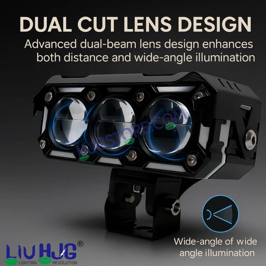 HJG New Future Eyes Ring DRL 3 LED Projector Foglight 240W with Wiring Harness Kit Red DRL/Amber Ring/White/Yellow Light 240W Foglight Ultra Wide Dual Intensity LED Driving Fog Lights Universal For All Cars & Bikes LIU HJG Ring 3 Lens Fog with Wiring Kit - HJGstore.com